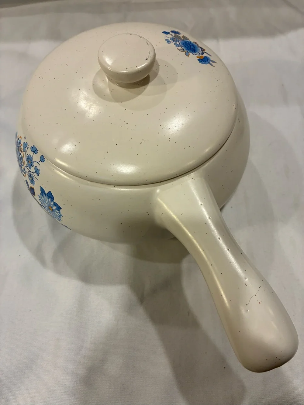 Romco USA French Onion Soup Crock Bowl W/Lid & Handle Blue Orange Flowers Cream